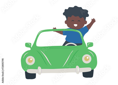 Cute black boy in a green car. Child smiles and waves his hand. Boy rides in a toy retro car. Vector illustration