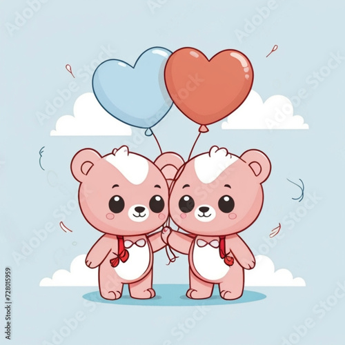 Teddy Bears With Balloons Cartoon Illustration Card Wallpaper