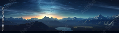 panoramic view of the sunrise over the mountains, background with a size ratio of 32:9 photo