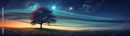 panorama of single tree under starry sky at night, background with a ratio size of 32:9