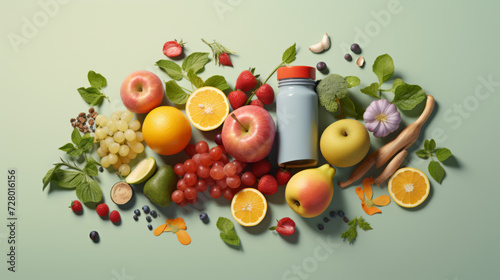 Fresh Fruits and Herbs with a Bottle on Pastel Green Background