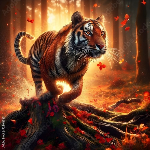 Tiger in Autumn Forest