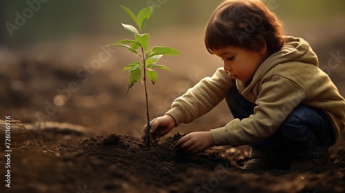 A boy plants a tree sapling, contributing to the global mission to preserve the environment - earth, conservation, air, care.
