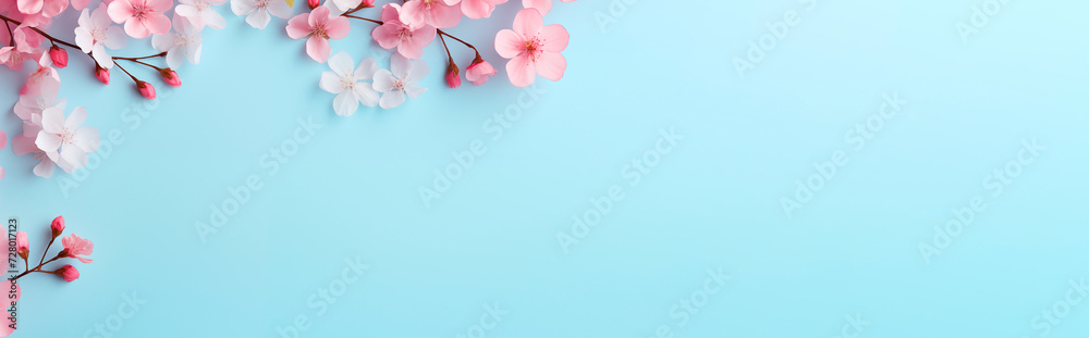 Soft pink flowers on a blue background. Spring background, flowers, top view with copy space. Natural background
