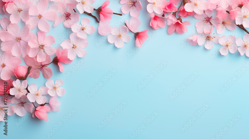 Obraz premium Soft pink flowers on a blue background. Spring background, flowers, top view with copy space. Natural background
