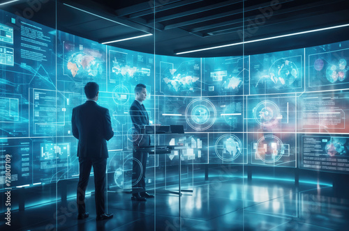 Professionals in a futuristic command center analyze data on interactive holographic displays, coordinating global operations.