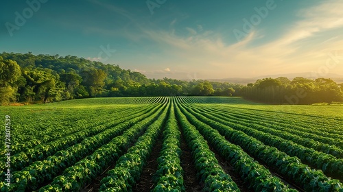 Sunrise over agricultural farmland showcasing the beauty and symmetry of crop rows photo