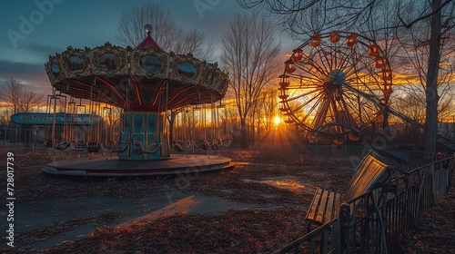 Discover the eerie silence of dusk at an abandoned amusement park in winter photo