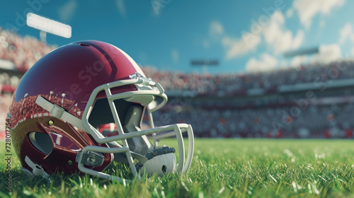 Close-up of American football helmet lying on the green grass of a football field with a blurred view of a stadium in the background. photo