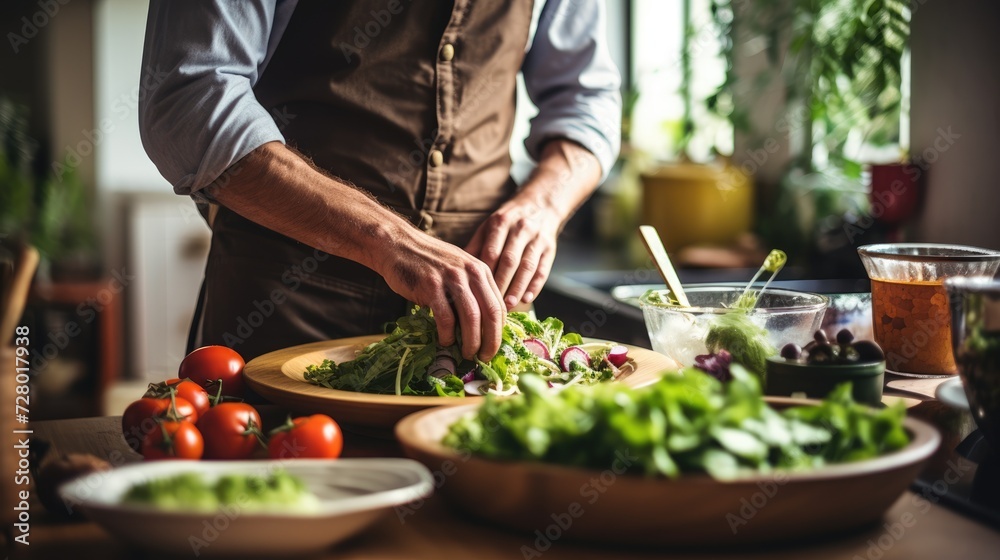 Man is preparing a salad in his home kitchen Man is preparing a salad in his home kitchen