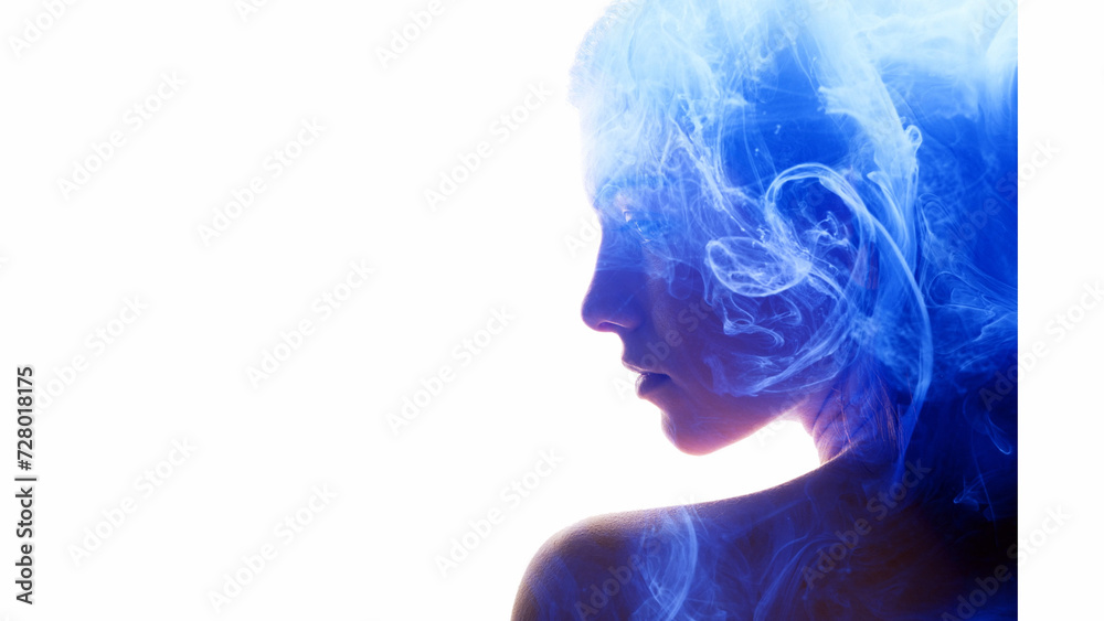 Freedom mind. Inner peace. Soul wellbeing. Double exposure of sensual woman portrait silhouette blue ink water smoke flow isolated on white background empty space.