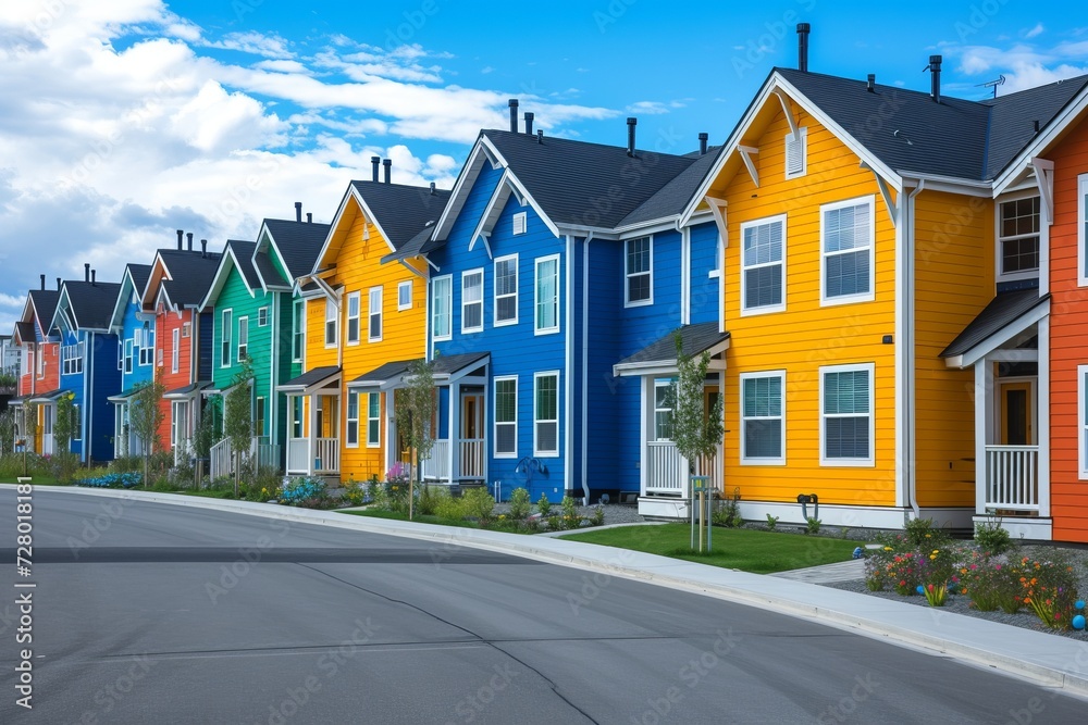 Multicolored suburban townhouses lines a quiet street representing affordable housing solutions