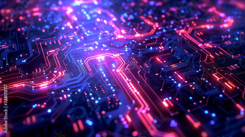 Close-up of a vibrant circuit board with red and blue neon lights, depicting advanced electronics and information technology.. photo