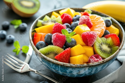 Front view of a bowl full of fresh multicolored chopped fruits 