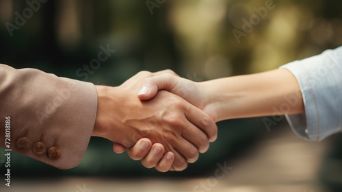 Two people shaking hands. Close up handshake. Female and male hand.