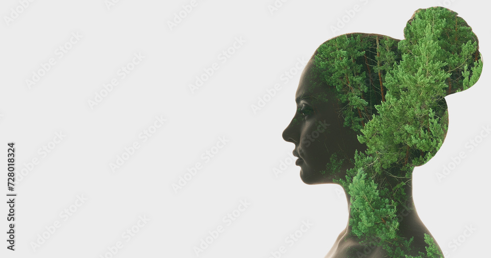 Inner peace. Nature portrait. Profile woman silhouette double exposure green forest trees foliage isolated on white empty space background.