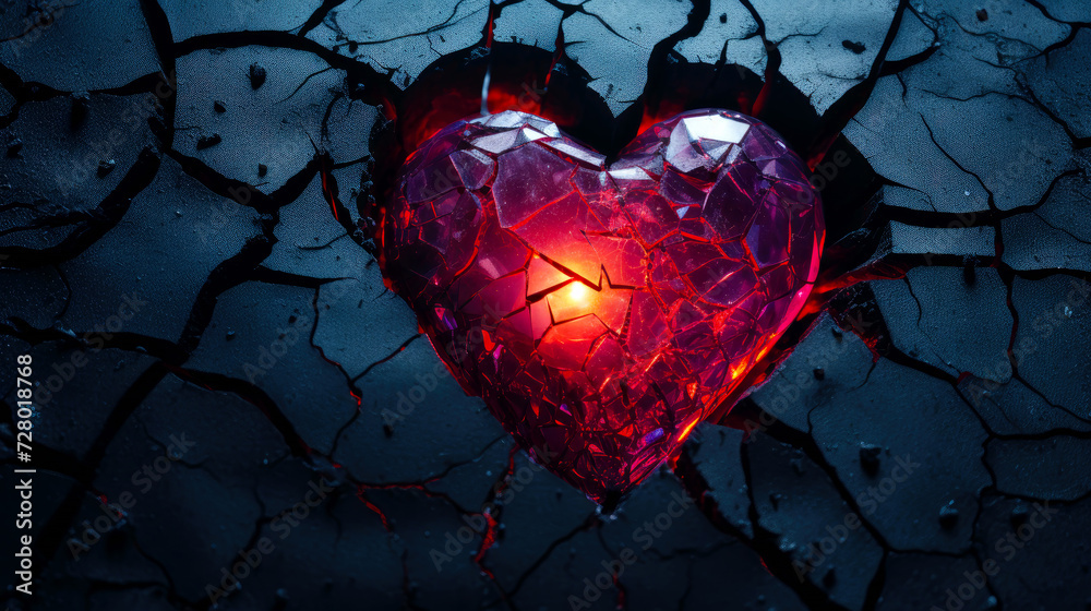 Broken heart with fiery lava inside. Flame symbol of love. Intense