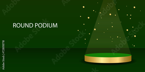 Abstract round podium on a dark green background and golden gradient. Elegant pattern. Suit for cover, wallpaper, desktop, header, banner, presentation, poster, website. Vector illustration