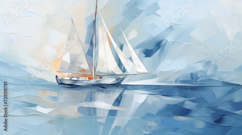 Ethereal watercolor: a sail gracefully sails in blue sea fog - a cubist abstraction with muted colors, an ode to art and nature.