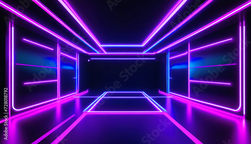 Futuristic Abstract background - Blue, Pink and  Purple Neon Light Geometric Shapes On Black Background And Reflective Concrete With Empty Space. 3d rendering abstract background. 