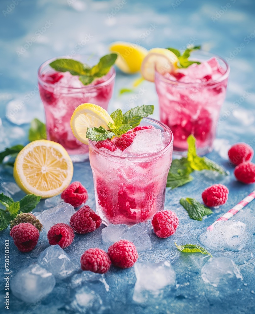 Cold water with ice and raspberries, on a blue background, with berries and mint. Cold water with ice and raspberries, on a blue background, with berries and mint.