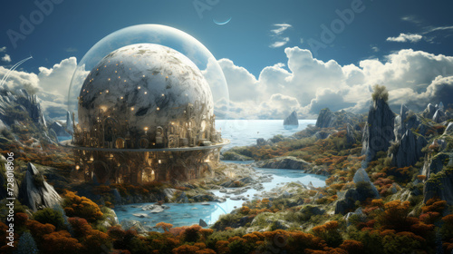 Futuristic dome city amidst a lush autumnal landscape with a serene ocean backdrop and crescent moon in the sky