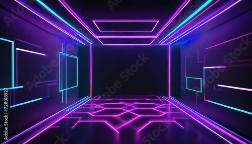 Futuristic Abstract background - Blue, Pink and Purple Neon Light Geometric Shapes On Black Background And Reflective Concrete With Empty Space. 3d rendering abstract background. 
