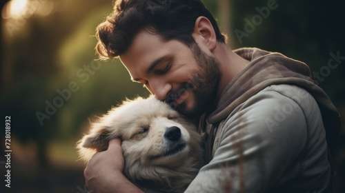 Close portrait, man hugging his dog outside