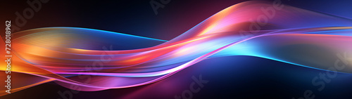 panorama of colorful glowing neon waves on a black background