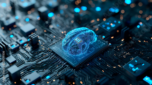 Concepto de la integración de inteligencia artificial en el mundo actual a través de una imagen de un cerebro humano en lugar de un procesador en una placa de un ordenador.
