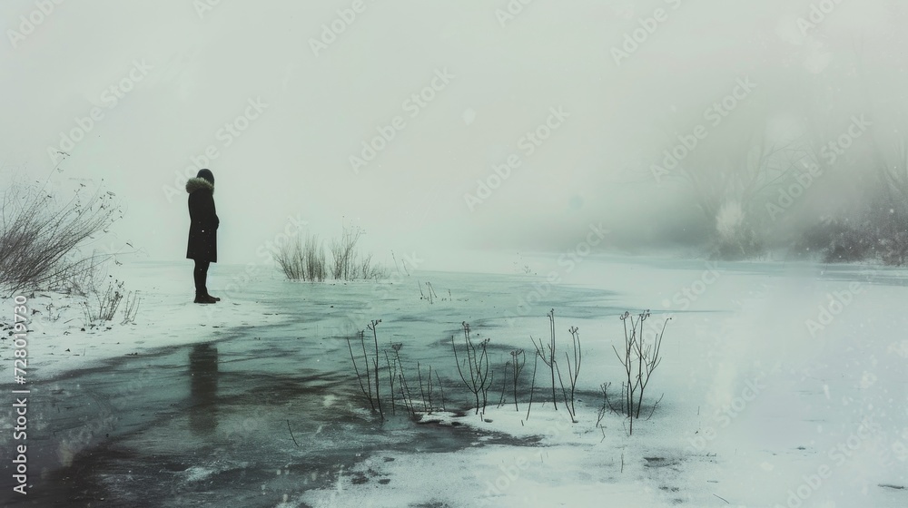 Lonely Woman Standing by a Frozen Lake in Mist