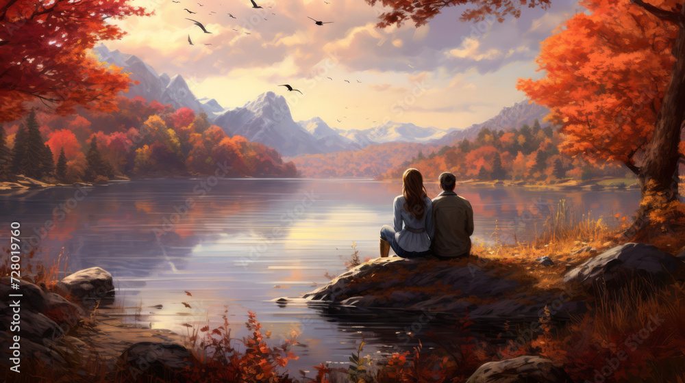 Couple Enjoys a Lakeside Retreat Amidst Vibrant Foliage