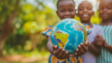 Children from Africa carry a ball that resembles the Earth, expressing joy in being a part of it, as if to convey the message: the Earth belongs to us all