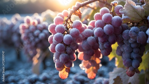 Frost-covered grapes at dawn, sunlight creating a magical effect. generative AI