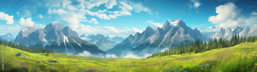 beautiful mountains panorama with clear blue sky over meadow
