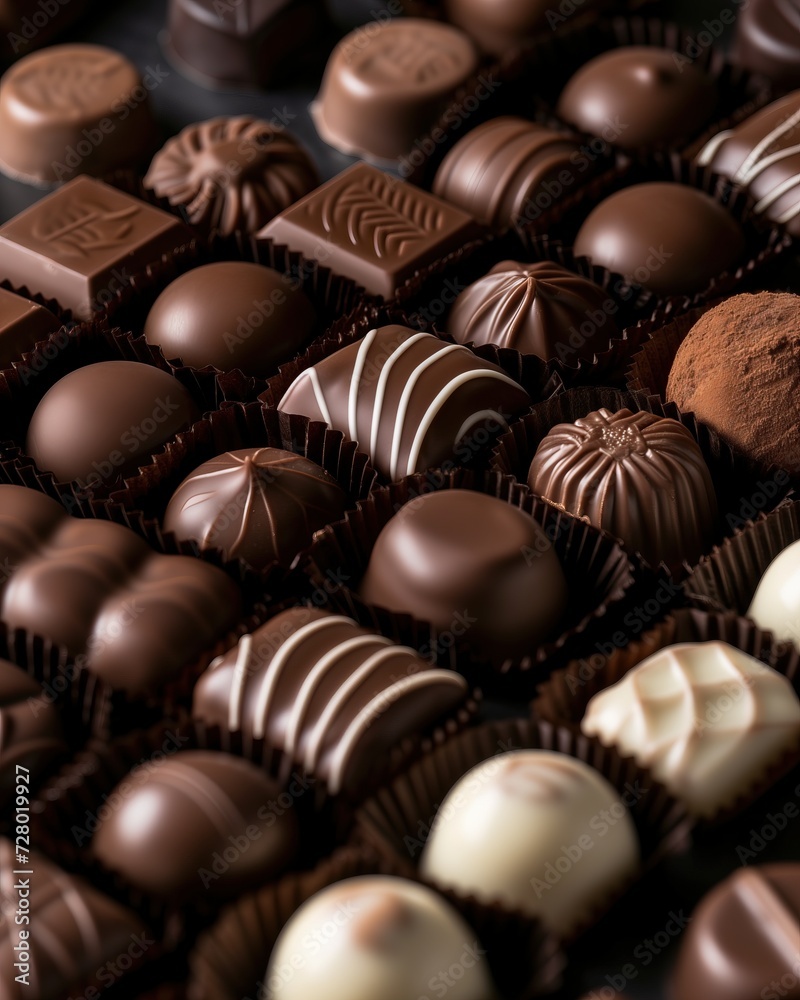 Assorted different Chocolate bon bons with different filling. Side view. Macro shot of sweets for decoration of store, coffee shop or cafe Assorted different Chocolate bon bons with different filling. Side view. Macro shot of sweets for decoration of store, coffee shop or cafe