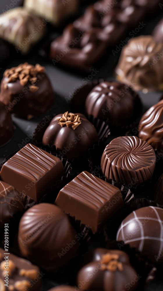 Assorted different Chocolate bon bons with different filling. Side view. Macro shot of sweets for decoration of store, coffee shop or cafe Assorted different Chocolate bon bons with different filling. Side view. Macro shot of sweets for decoration of store, coffee shop or cafe