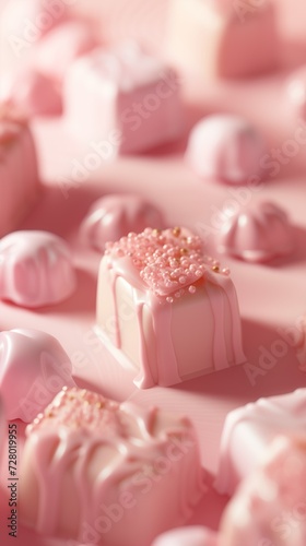 Ruby chocolate. Macro shot of bon bons chocolates pink colored with berry mousse filling. A snapshot of a sweet for decoration of a store, coffee shop or cafe