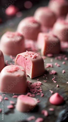 Ruby chocolate. Macro shot of bon bons chocolates pink colored with berry mousse filling. A snapshot of a sweet for decoration of a store, coffee shop or cafe © Екатерина