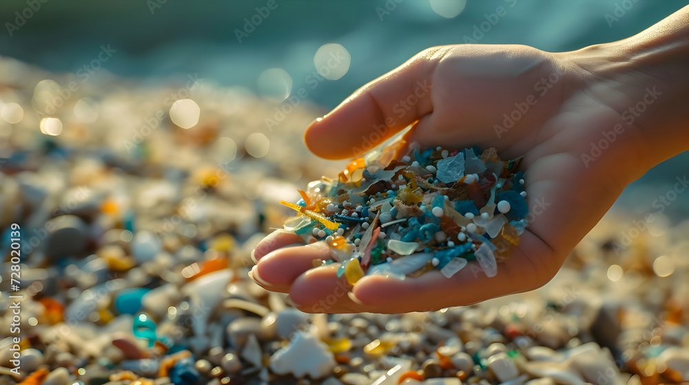 Close up photo of hand holding microplastics near by the sea. Plastic pollution problem. High quality