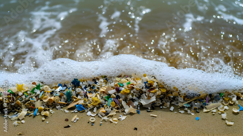 Close up photo of sea waves with microplastics. Pollution problem. High-resolution