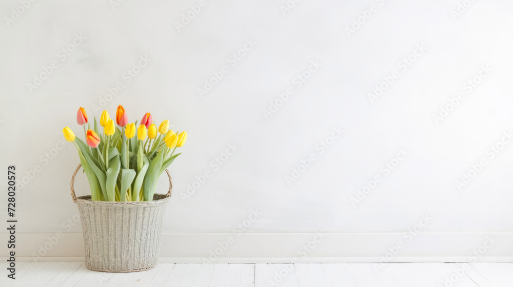 Yellow and red tulips in a rustic wicker basket, against a plain white wall background