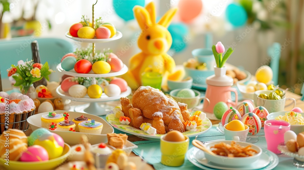 Showcase a delightful Easter feast with a banner featuring a beautifully set table,  and colorful Easter eggs.