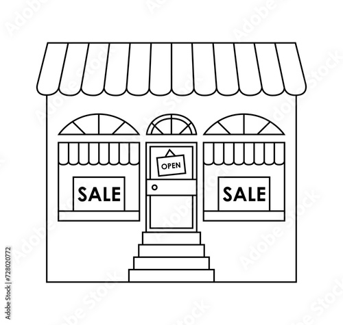 Open door and sale display window black and white vector illustration