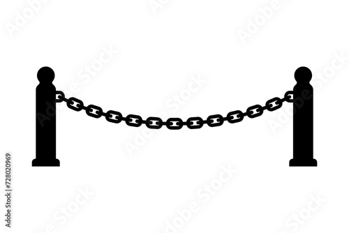 Fence made of posts with chains icon. Fencing. Black silhouette. Horizontal front side view. Vector simple flat graphic illustration. Isolated object on a white background. Isolate.