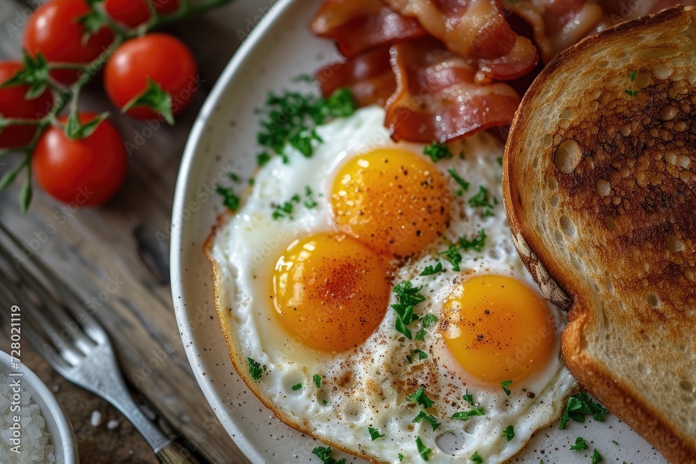 A high angle shot of a delicious breakfast spread featuring sunny-side-up eggs, crispy bacon, and toast Breakfast with fried eggs, bacon and toasts A high angle shot of a delicious breakfast spread featuring sunny-side-up eggs, crispy bacon, and toast Breakfast with fried eggs, bacon and toasts