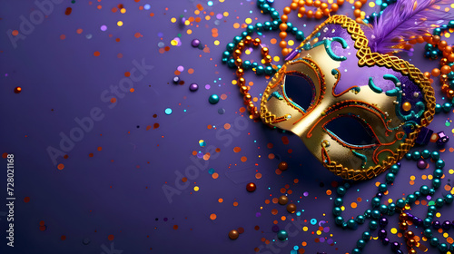Top view of gold Mardi Gras carnival mask and beads on purple background with beads and glitter and bright. High-resolution © fillmana