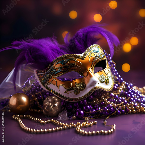 Mardi Gras carnival mask and beads on purple background with beads and glitter and bright. High-resolution