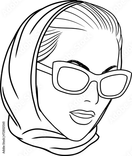 beautiful girl in a headscarf and sunglasses, ouline illustration