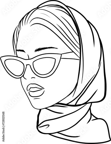 beautiful girl in a headscarf and sunglasses, ouline illustration